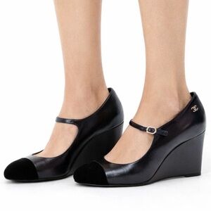 CHANEL CC Logo Black Cap Toe Wedge Mary Jane Shoes IT37.5